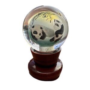 Vintage Hand Made Reverse Painted Pandas Glass Orb on Wood Stand